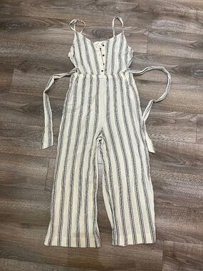 H&M Linen Blend Striped Jumpsuit Size 6 Tie Waist Wide Leg Summer Romper